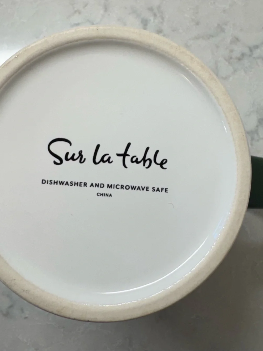 Sur La Table White Ceramic Mug with Dark Green Handle and Trim Christmas